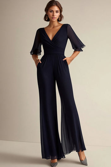 Bleu marine col V demi-manches Mousseline de soie Combinaisons mère de la mariée